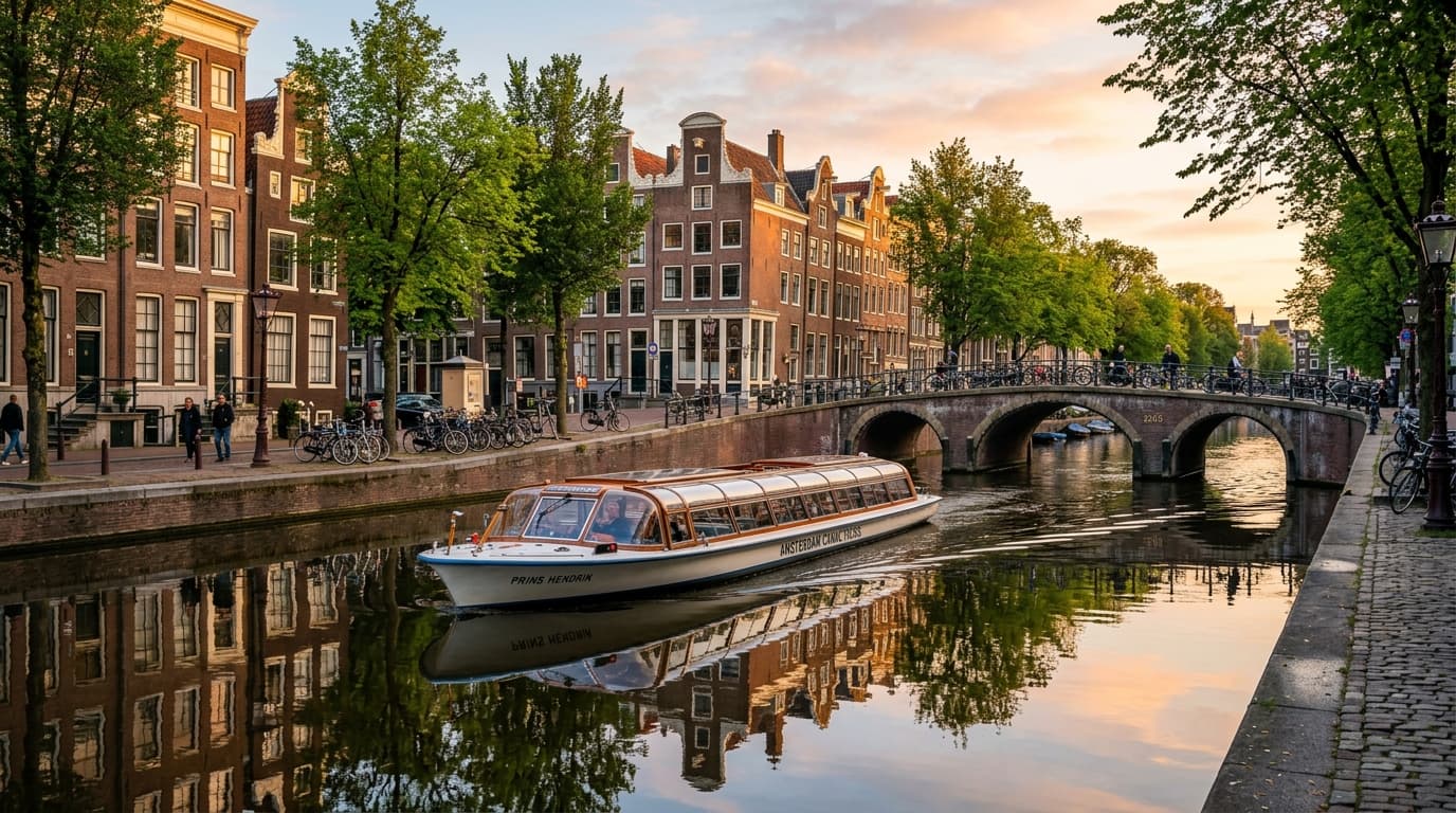 A classic glass-topped canal cruise boat gliding past historic Amsterdam houses and trees