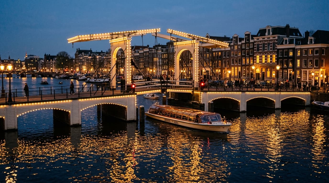 Illuminated Skinny Bridge glowing over the Amstel River with canal tour boat