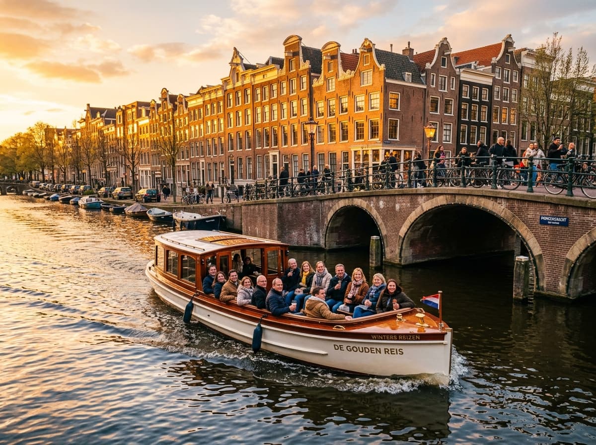 Open-air canal cruise boat gliding past historic canal houses during golden hour