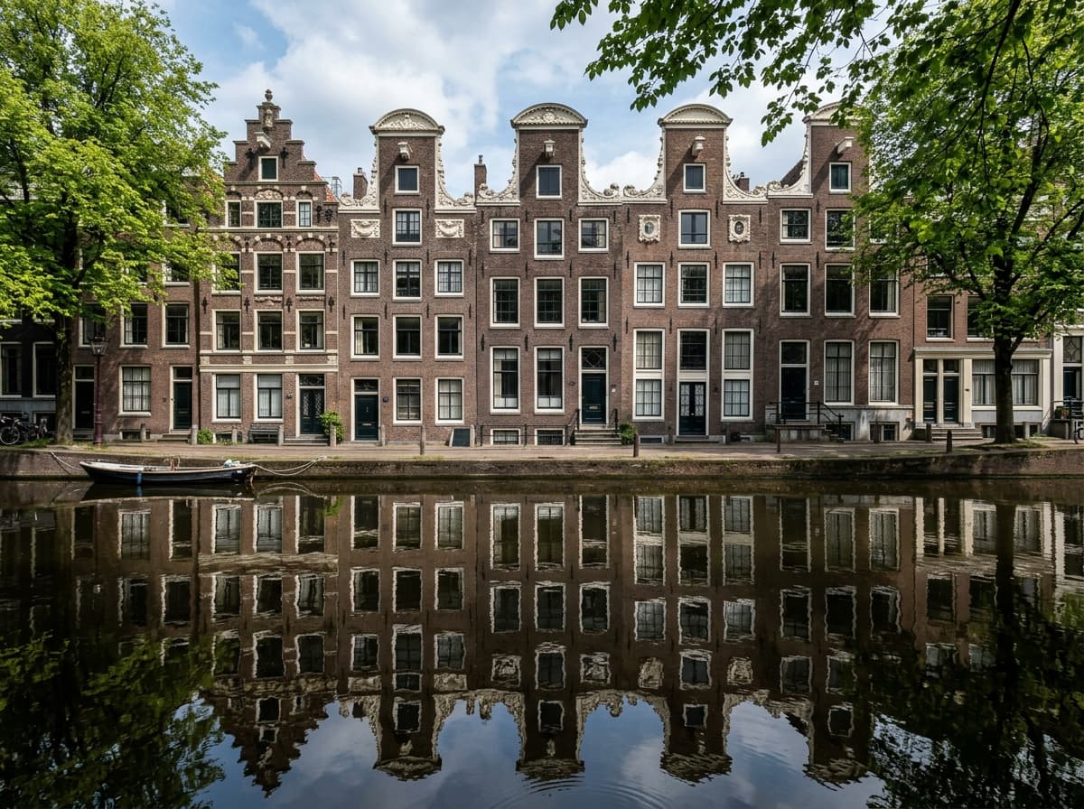 Historic 17th-century Dutch canal houses with step, neck, and bell gables reflected in water