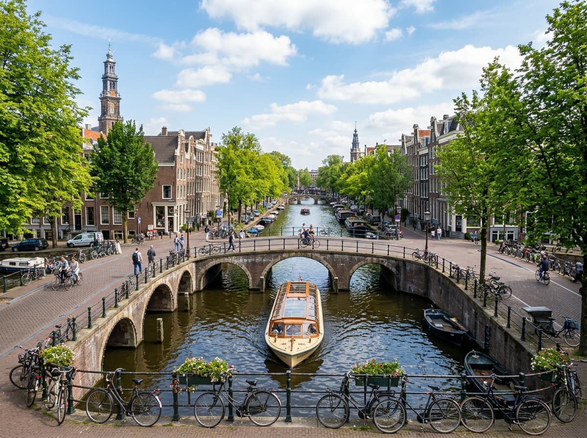 Wide angle panoramic view of the UNESCO Canal Ring with arched bridges and canal tour boat
