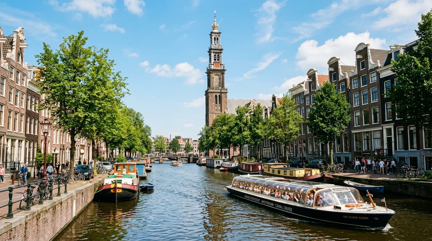 Amsterdam canal cruise boat navigating past historic Westerkerk tower along Prinsengracht