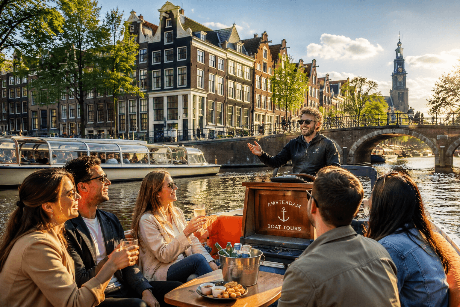 Amsterdam canal cruise with unlimited drinks and bites on an open boat with a local guide.