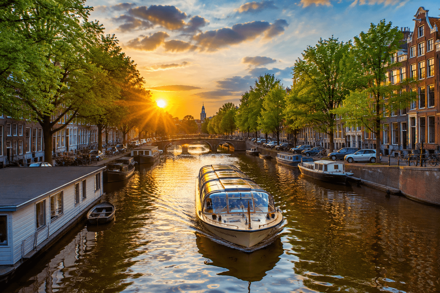 Amsterdam canal cruise boat passing historic canal houses and bridges, showing why a canal cruise is worth it.