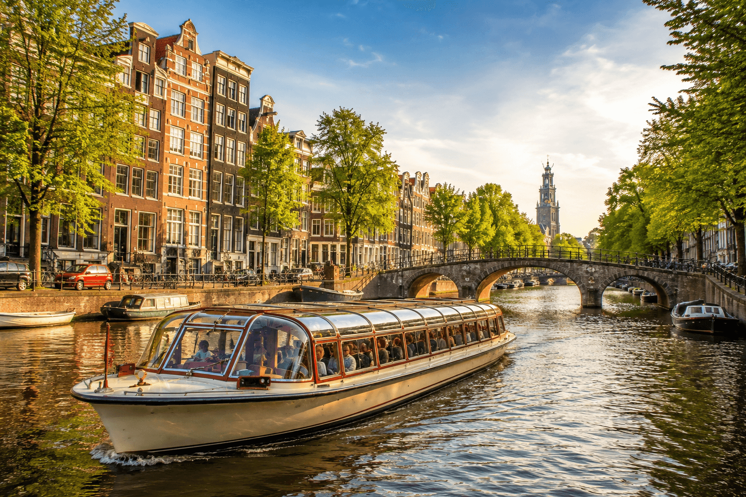 Amsterdam canal cruise boat passing historic canal houses and an arched bridge on a sunny day.
