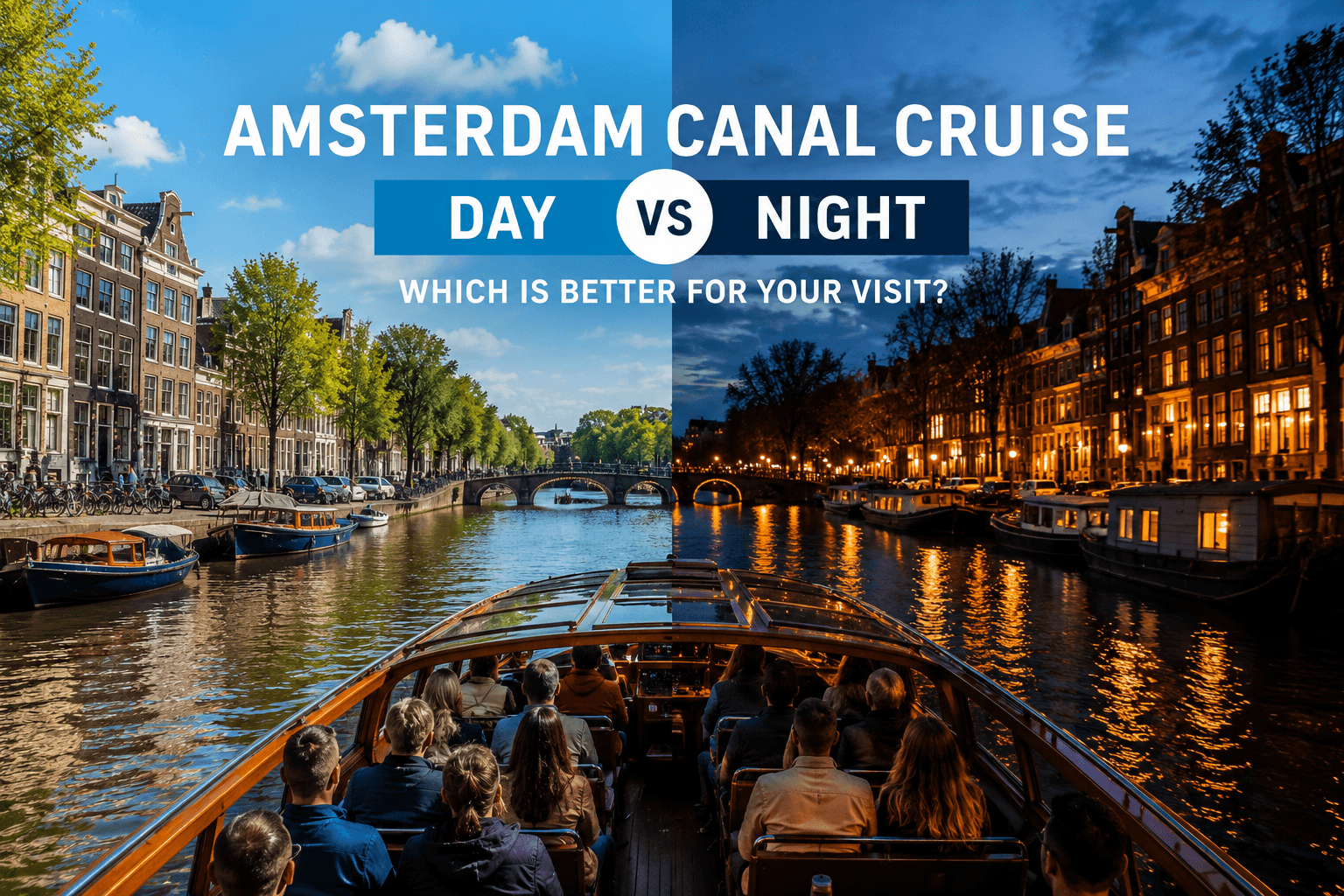 Amsterdam canal cruise shown in daylight and at night, with historic canal houses, bridges and illuminated reflections along the water.