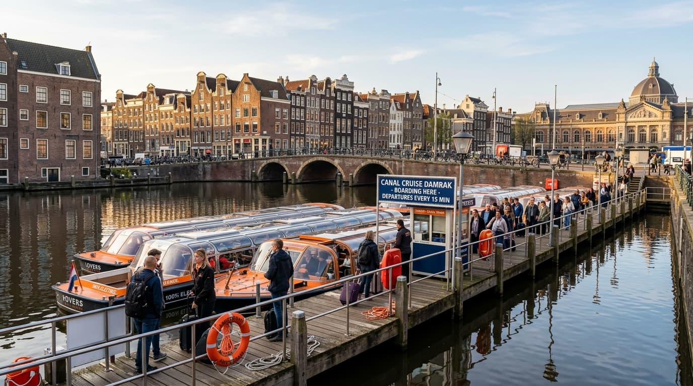 Amsterdam canal cruise departure points: tour boats moored along the Damrak pier near Centraal Station