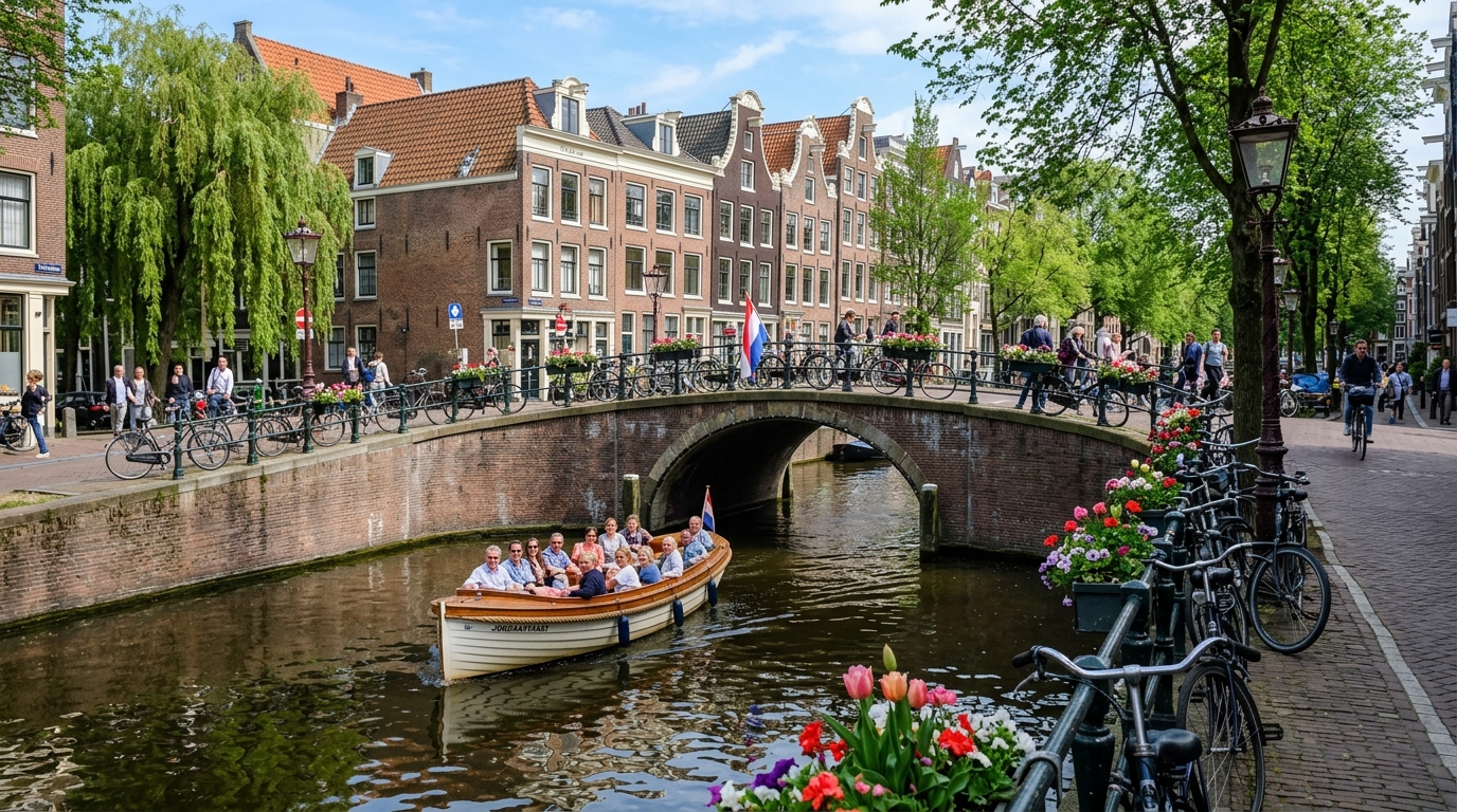 Boat cruising through the Jordaan neighborhood canals lined with trees and cafes