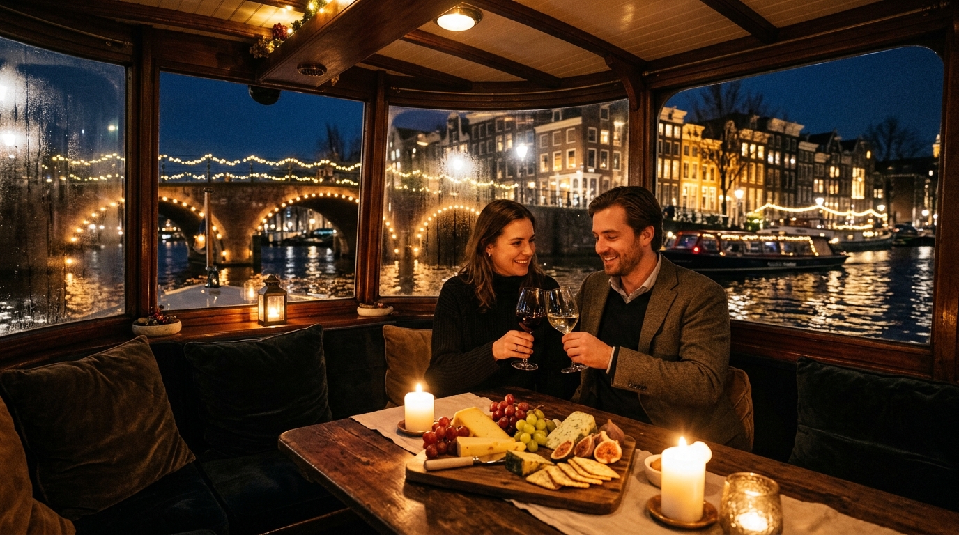 Intimate saloon boat interior set with drinks and snacks