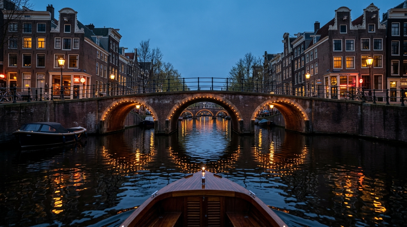The Seven Bridges perspective at night with glowing arches